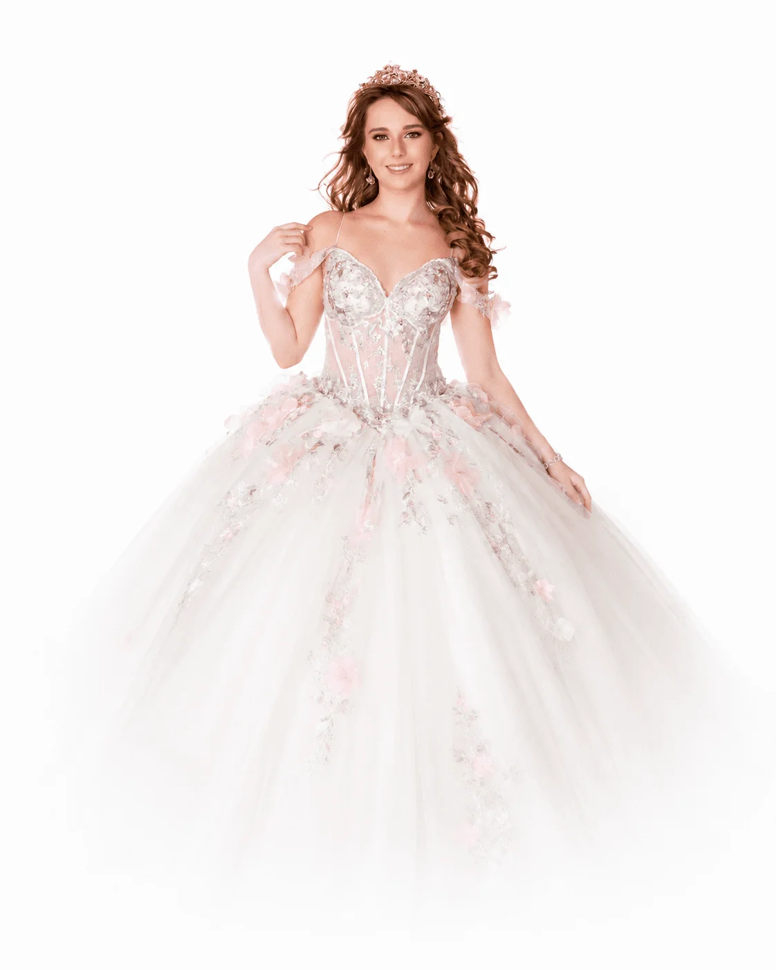 Quinceañera con vestido blanco y detalles rosados para sesión fotográfica profesional en Miami